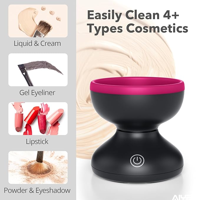 Alyfini Makeup Brush Cleaner Machine + Cleanser Solution Combo, Powerful for Tough Residue on Make Up Brushes/Sponges/Puffs