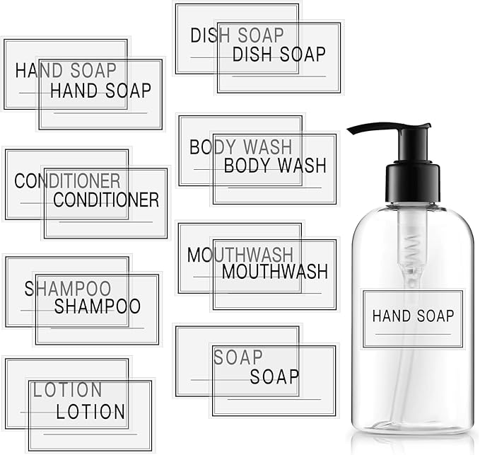 48PCS Clear Waterproof Labels for Bottles, Shampoo and Conditioner Dispenser Label,Transparent Soap and Lotion Stickers for Bathroom Organization (Black on Clear)
