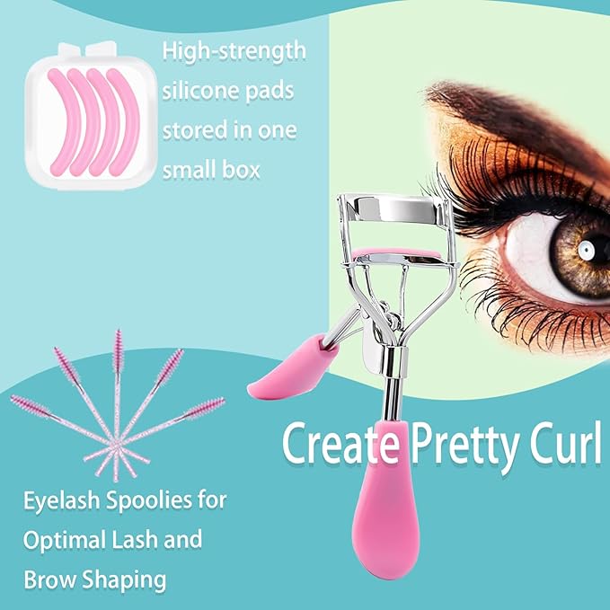 BenePoint Eyelash Curler, Lash Curler with Bonus 4Pcs Replacement Lash Pads& 5Pcs Eyelash Spoolies, Portable Travel Lash Curler for Eyelash Extension (Pink)
