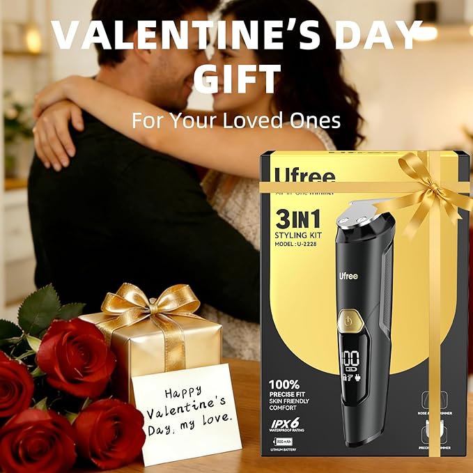 Ufree 3-in-1 Beard Trimmer for Men, Valentine Gifts for Men, IPX6 Waterproof Men's Electric Razor Shaver for Mustache, Professional Hair Trimmer Clippers, Type-C Body Grooming Kit