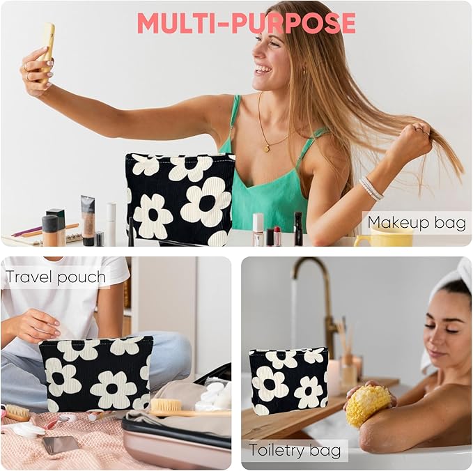 Cute Makeup Pouch for Women Flower Small Make Up Bag for Purse Zipper Initial Cosmetic Bags Pouches for Purse Aesthetic Travel Toiletrybags Gift,Black White Floral