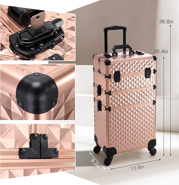 Adazzo 3 in 1 Professional Rolling Makeup Train Case Aluminum Trolley Case with 360° Rotation Wheels for Makuep Artist Cosmetic Suitcase Organizer with Lock and Key Diamond Pattern - Rose Gold