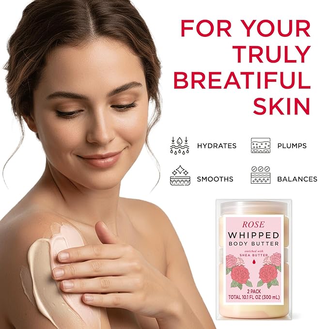 Princess Belle Rose Whipped Shea Body Butter, Body Moisturizer for Dry Skin, Smell Good, Rose Gifts for Women-2 Pack (3.4floz + 6.8 floz)