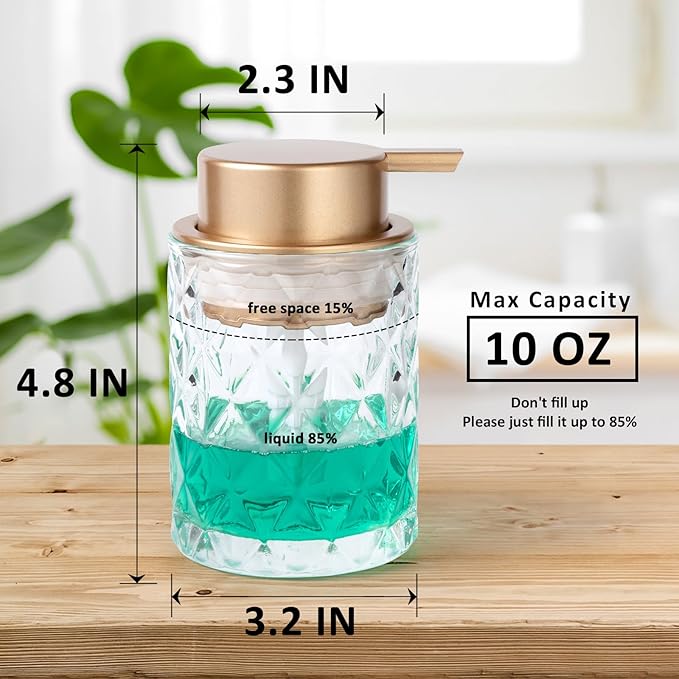Bathroom Glass Soap Dispenser with Durable Rust-Proof Plastic Liquid Pump (Can't Foam) Hand Lotion Dispenser Antislip Shampoo Kitchen 10oz