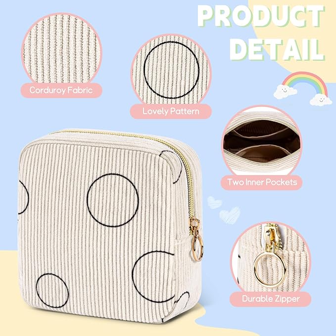 Period Bag for Teen Girls Shark Week Pouch Corduroy Portable Sanitary Pad Bags for Period Teen Period Pads Pouch for Panty Liners, Tampons, Menstrual Cup - Beige