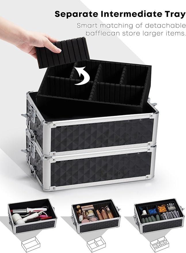 Adazzo 4 in 1 Rolling Makeup Case Cosmetic Train Case Trolley Roll Travel Box for Makeup Artist, Hairstylists, Nail Tech Makeup Cart with Key Swivel Wheels Barber Case Traveling Trunk Black