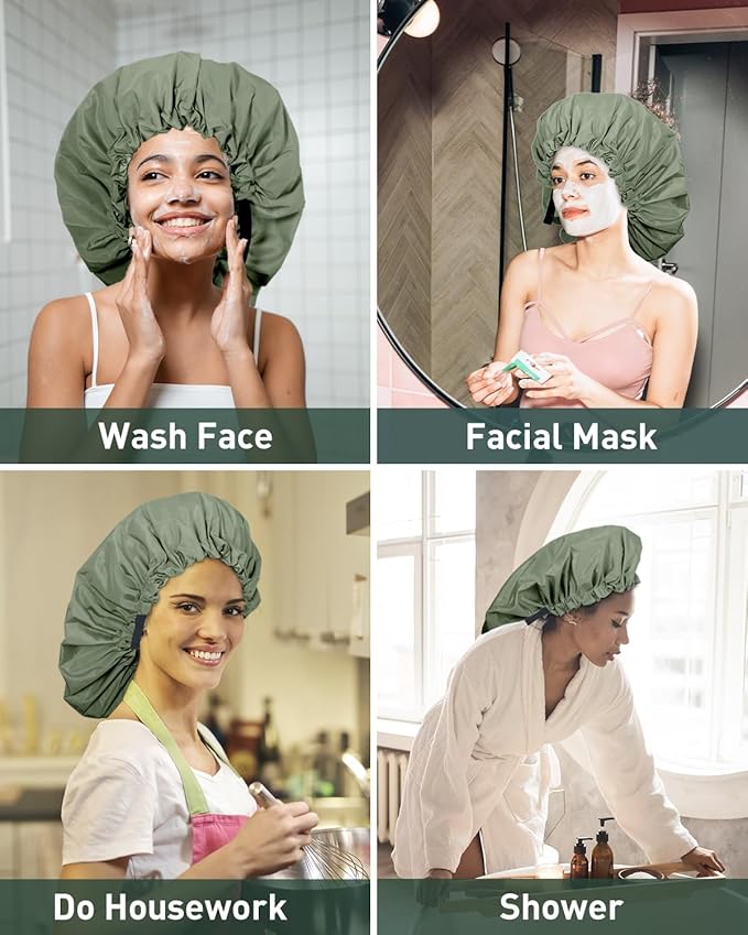 Aquior Shower Cap for Women, Extra Adjustable Shower Caps for Women Double-Layer Waterproof Reusable Hair Cap, Large Size Hair Cap for All Hair,for Girls Spa Bath,Soft and Comfortable (Green)