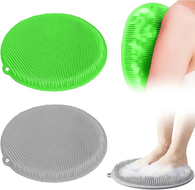 2 Pack Shower Foot Scrubber & Shower Back Scrubber Wall Mounted with Delicate Brush,Gentle Exfoliation Non-Slip Foot Scrubber Mat (Gray and Green)