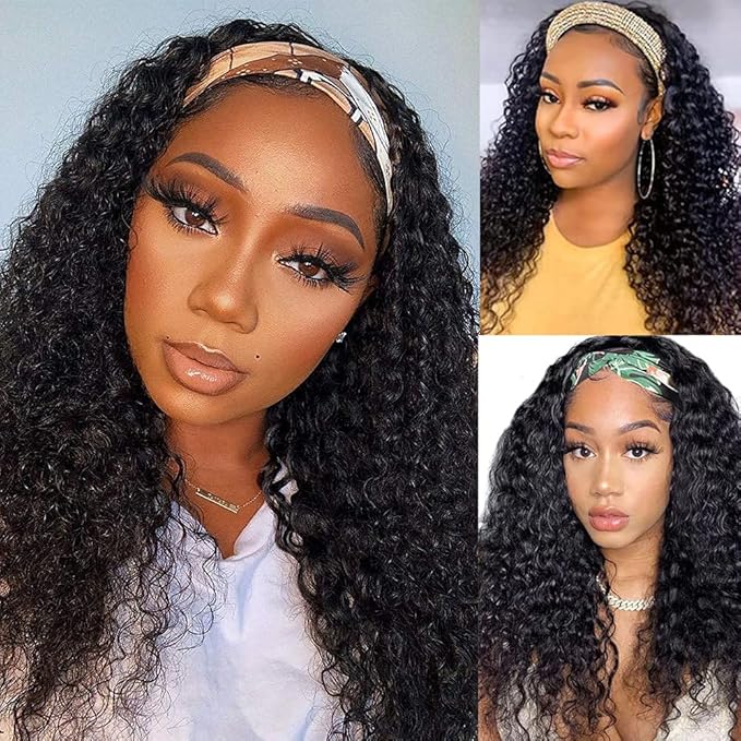 Aiterina 22Inch Headband Wigs Human Hair Deep Wave Wig Glueless Headband Wig Deep Wave None Lace Front Wigs Headband Wig Machine Made Wigs Curly Hair Natural Color