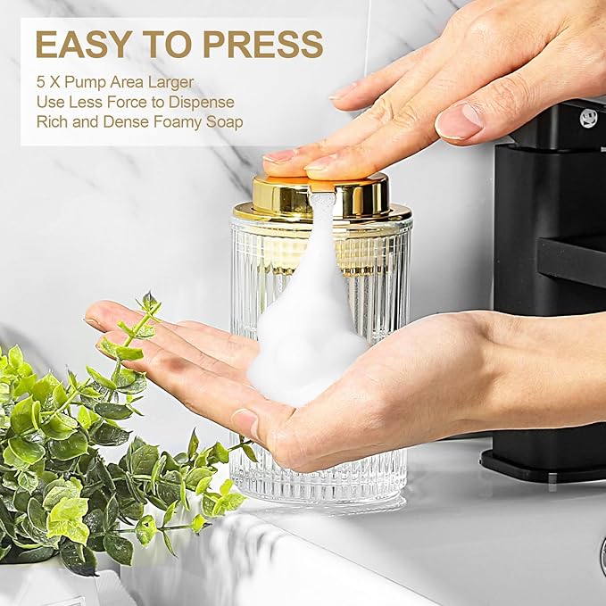 Foaming Soap Dispenser, 11 Fl Oz Clear Glass Foam Hand Soap Dispenser for Bathroom & Kitchen, Refillable Foaming Bottle with Gold Pump, Modern Ribbed Dish Soap Foam Dispenser