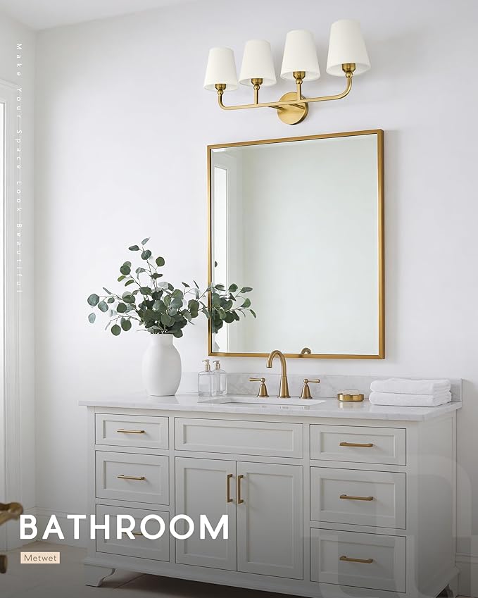 4-Light Bathroom Light Fixtures, Brushed Gold Vanity Lights with Flared Beige Fabric Shade, 28 Inch Wall Sconce, Vintage Sconces Wall Lighting for Hallway Bedroom, VL837-BG-B-4