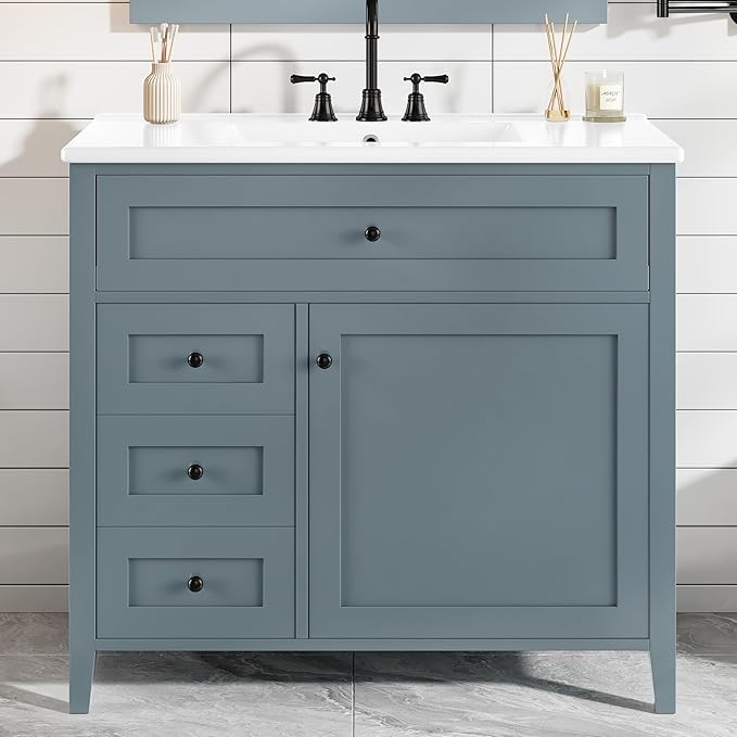 Harper & Bright Designs 36" Bathroom Vanity with Sink, Free Standing Vanity Set with 4 Drawers, Storage Racks, and Adjustable Shelf, Wood Bathroom Cabinet with Ceramic Basin for Bathroom, Blue Grey