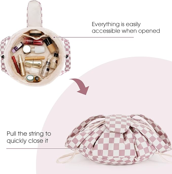 Narwey Barrel Drawstring Checkered Makeup Bag Large Cosmetic Bag Make up Bags Toiletry Bag Travel Bags for Toiletries Organizer for Women Gift for Teen Girls (Dusty Pink Checkerboard) (Patent)