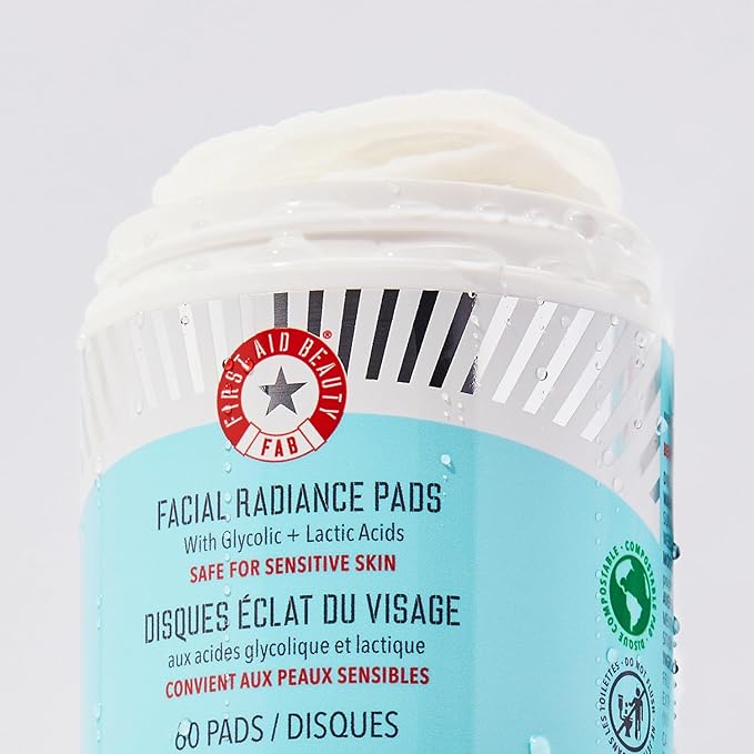 First Aid Beauty - Facial Radiance Pads with Glycolic & Lactic Acids, Daily Exfoliating Pads with AHA, Visibly Smaller Pores, Help Tone & Brighten Skin, One-Step Makeup Prep, Compostable, 60