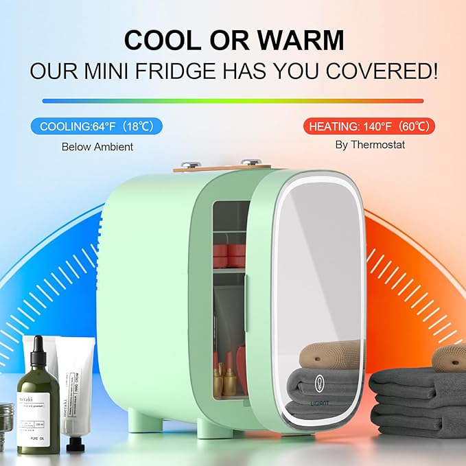 DF01A Skincare Fridge, With 3-Level Dimmable LED Light Mirror, Low Noise 4L Makeup Fridge for Skincare, Cooler & Warmer, Portable Design for Multiple Uses - Bedroom, Office, and Car