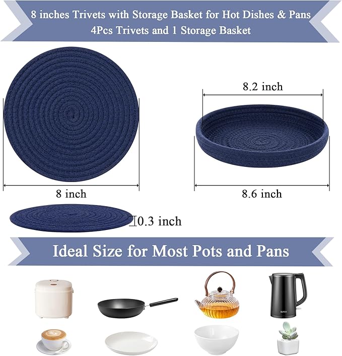 SHACOS 8 Inches Trivets for Hot Dishes, 4 Pieces Cotton Trivets Mats for Kitchen with Storage Basket, Hot Pads for Countertops and Table, Heat-Resistant Pot Holders for Hot Pots and Pans, Navy Blue