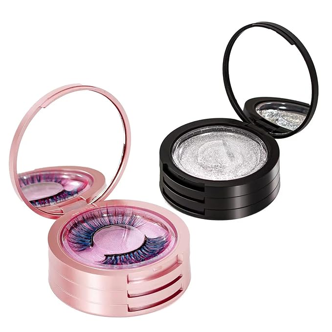 Eyelash Storage Box-2 Pack Eyelash Holder Case with Mirror 3Layers Circle Eyelash Box with Lash Holder Empty Makeup Case Travel for Women and Girls(Black,Rose Gold)