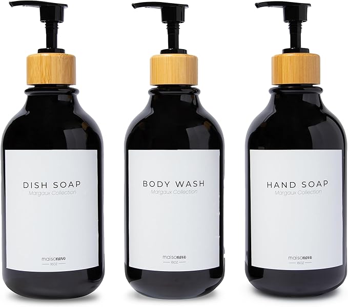 MaisoNovo Refillable Shampoo and Conditioner Bottles - 16.9 fl oz Set of 3 Black Plastic Bottles Black Bamboo Pumps