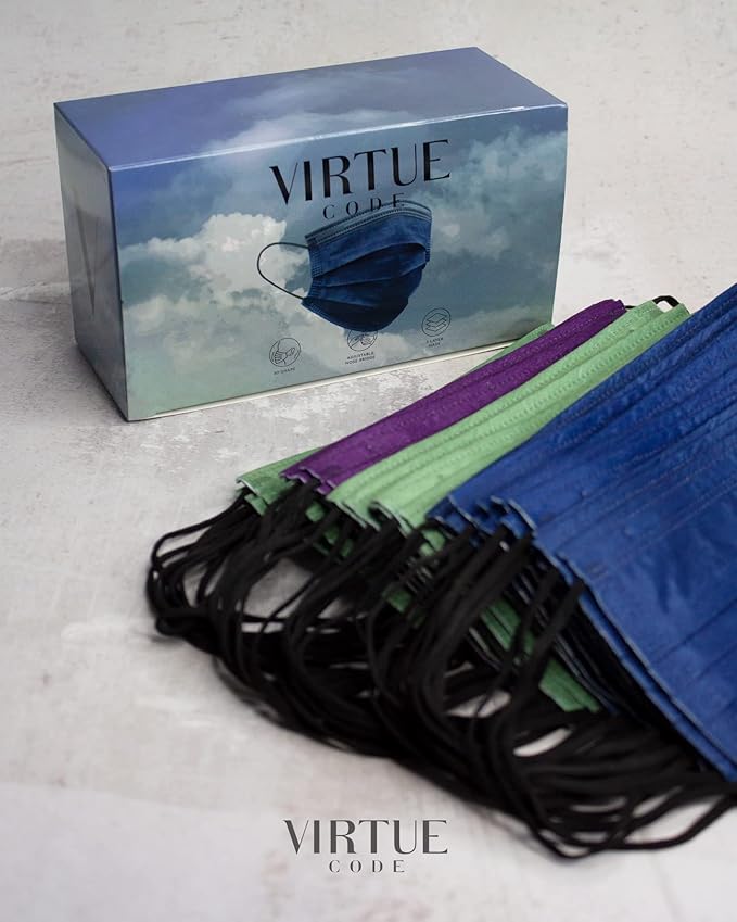 VIRTUE CODE Support Face Masks - Soft 3 Ply Comfort Colorful Disposable Face Mask 50 Pack. Blue Purple Green Colored Masks. Adults Mens and Womens Disposable