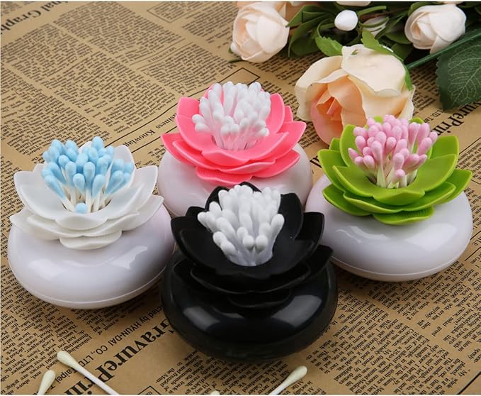 Bloss QTip Cotton Swab Holder Set - Lotus Toothpick Organizer Bathroom Decor Vanity Canister - 2 Pack (Green + Pink)