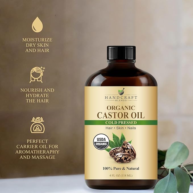 Handcraft Blends Cold-Pressed Organic Castor Oil 4 Fl Oz | Glass Bottle | Lash Brushes | 100% Pure and Natural | Premium Grade Carrier Oil | Hair, Eyelashes and Eyebrows | Hair and Body | Cold-Pressed, Organic, Glass Bottle, Lash Brushes, 100% Pure, Na...