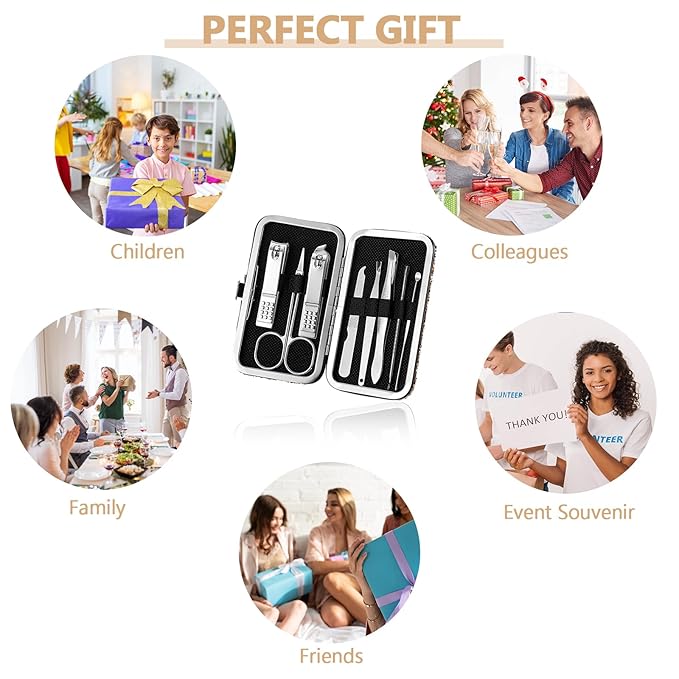 Geosar 12 Set 8 in 1 Manicure Set Stainless Steel Nail Clippers Kit Pedicure Care Tools with Leather Case Travel Grooming Kit Gift for Women Men Gift(Glitter Rose Gold)