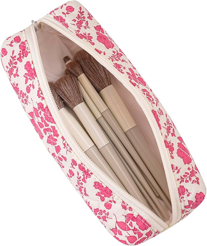 Cute Floral Makeup Brush Bag Small Cotton Quilted Cosmetic Bag for Women Travel Toiletry Zipper Make Up Pouch (Rose Red Floral)