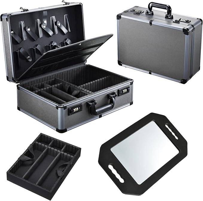 Professional Barber Case with Barber Clipper Tray Organizer, 6 Adjustable Clipper Slots & 8 Shear Holders, Portable Barber Carrying Case for Hair Tools & Supplies with Combo Locks