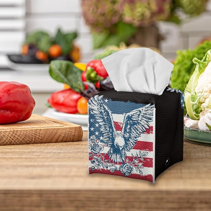 American Flag Eagle Tissue Box Holder Waterproof PU Leather Square Modern Tissue Box Cover with Metal Button Napkin Holder for Home Office Car