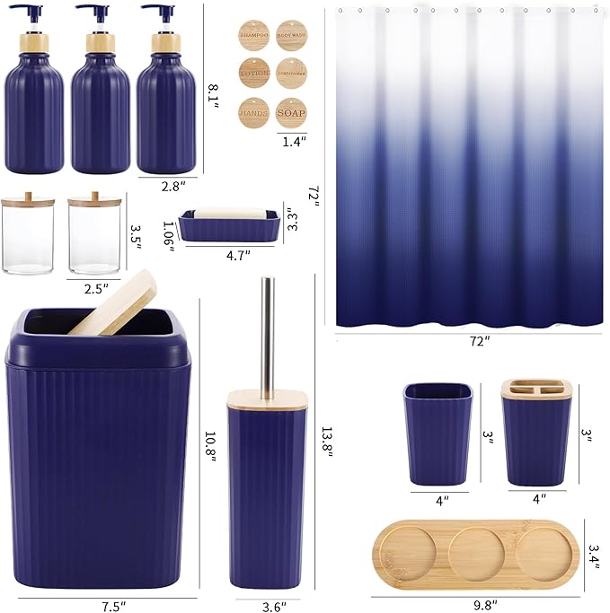 30PCS Navy Blue Bathroom Accessories Set with Waffle Shower Curtain,Trash Can,3PCS Lotion Soap Dispenser, Toothbrush Holder, Soap Dish,Tumbler Cup,6PCS Wood Tags Bath Accessories with Tray
