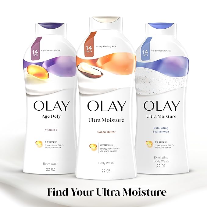Olay Body Wash for Women, Ultra Moisture, 24hr Moisturizing, Hydrating & Refreshing, B3 Vitamin Complex, Free of Parabens & Phthalates, For All Skin Types, Cocoa Butter Scent, 22 fl oz (Pack of 4)