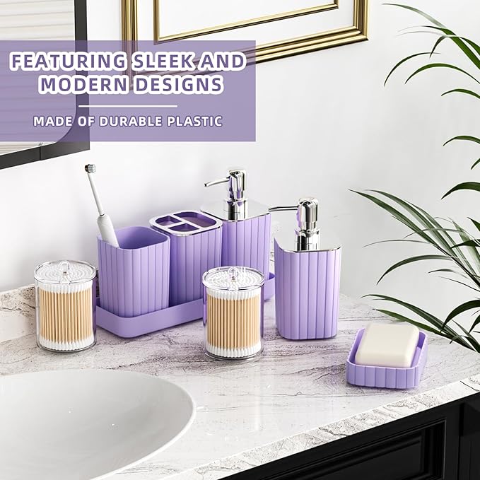 Bathroom Accessories Set - 25PC Bathroom Sets with Shower Curtain and Rugs, Purple Bathroom Accessories with Trash Can, Soap Dispenser, Soap Dish & Toilet Brush
