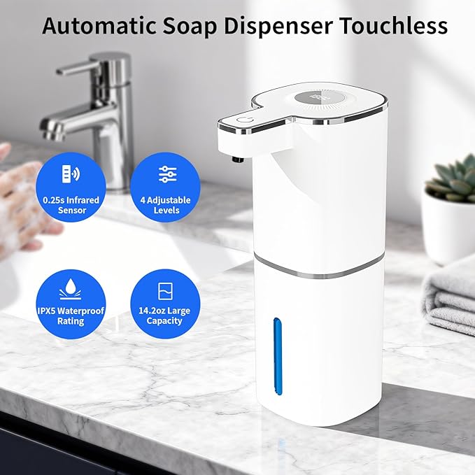 Automatic Foaming Soap Dispenser, Touchless Rechargeable Hand Soap Dispenser, 4 Adjustable Levels, 1200mAh Battery, Large Display, for Kitchen & Bathroom (White, Foaming)