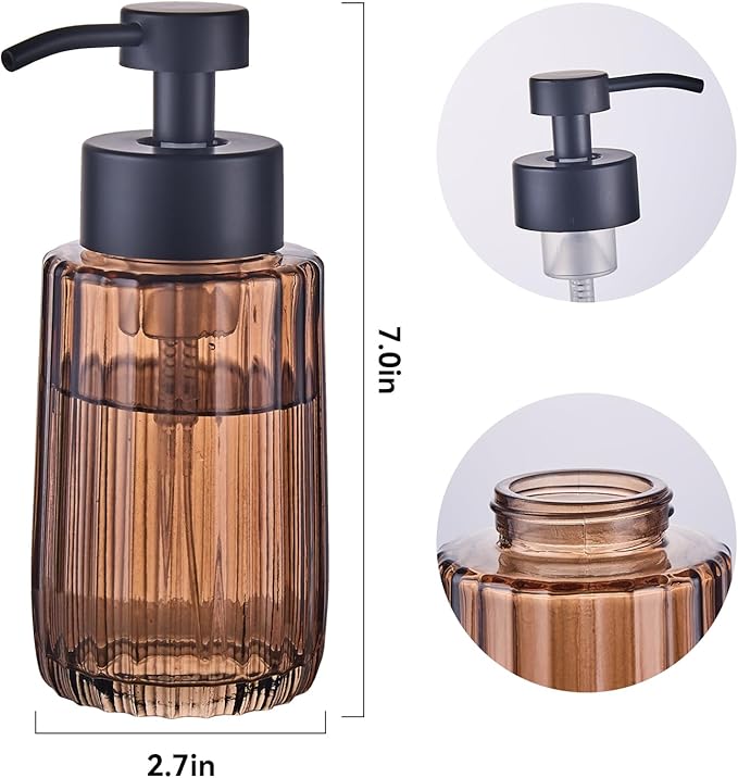 Easy Tang Glass Foaming Brown Soap Dispenser with Black Pump, 12 OZ Vintage-Inspired Modern Glass Refillable Bottle, Hand Soap for Bathroom Countertop and Kitchen
