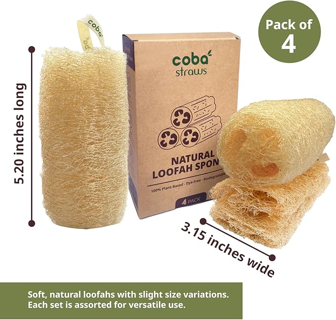 Natural Loofah Sponge Set (4-Pack) | Shower Loofah Exfoliating Body Scrubber for Women & Men | Multi-Use Sponge for Shower, Spa, Kitchen, Pet | 100% Natural, Dye-Free, Eco-Friendly