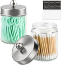 2 Pack Glass Apothecary Jars with Lids for Bathroom, Cute Qtip Holder, Silver Bathroom Accessories Set, Small Bathroom Canisters with Lids for Q-Tips, Cotton Swabs, Silver Bathhouses Decor