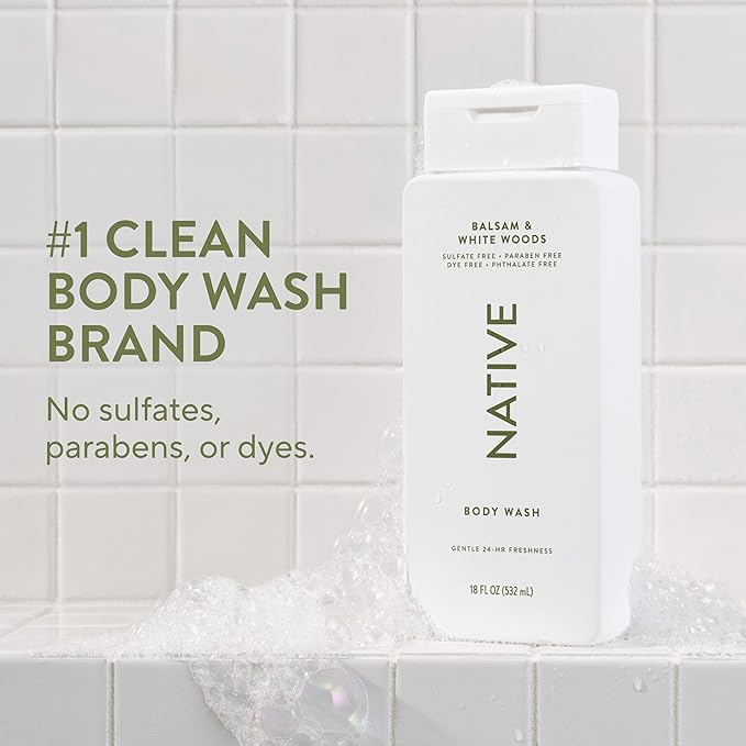 Native Body Wash Contains Naturally Derived Ingredients | For Women & Men, Sulfate, Paraben, & Dye Free Leaving Skin Soft and Hydrated | Balsam & White Woods 18 oz