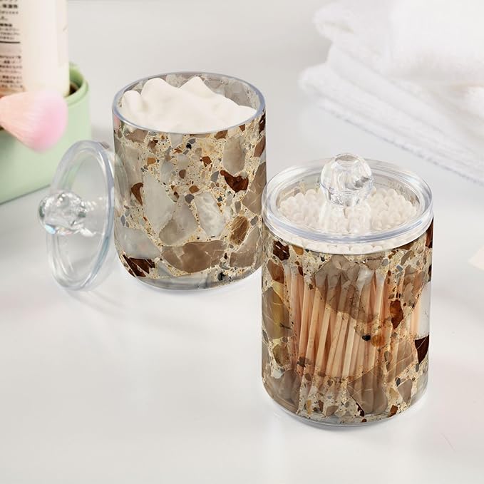 2 Pack Beige and Brown Marble Print Apothecary Jars with Lid, 10 Oz Clear Plastic Apothecary Jar Set Qtip Holder Storage Containers for Cotton Ball Swabs Bathroom Vanity