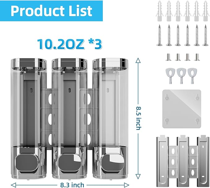 VITVITI Shampoo and Conditioner Dispenser for Shower Wall, Shower Soap Dispenser 3 Chamber No Drill Wall Mounted, 10.2 OZ Plastic Refillable Shower/Body Wash Bottles for Bathroom (Silver)