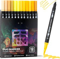 Yellow Duo Tip Marker Pens, 12 Pack Fine & Brush Markers for Adult Coloring Books No Bleeding, Sunshine Yellow Markers for Summer Themes, Sunflower Art, Energetic Accents and Happy Doodles
