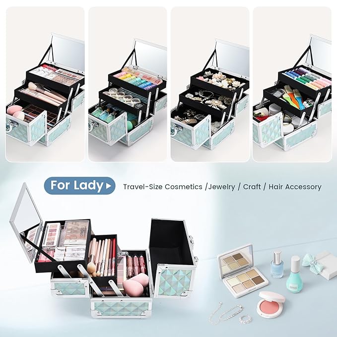 FRENESSA Makeup Case Portable Makeup Box Organizer Travel Cosmetic Case Storage with Mirror Locking Make Up Cases Organizers and Storage for Girls Nail Supplies Cosmetology Case Vanity Case Blue