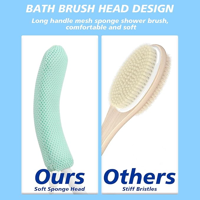 Shower Back Brush with Long Handle, 15.35" Body Brush, Long Handled Sponge Body Exfoliator, Loofah Back Scrubber for Men Women, Aid Bathing