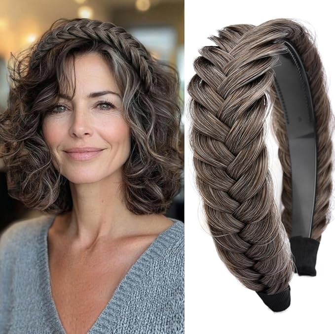 DIGUAN Wide Messy Braided Headband With Teeth Synthetic Hair Plaited Headband High Elasticity Braids Chunky Fishtail Braided Hair Band Hairpiece for Girls Women (Grayish brown)