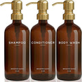 Luxury Shampoo and Conditioner Dispenser Set by Brighter Barns - Empty Shampoo Bottles Refillable with Gold Pump - Plastic Shower Soap Dispenser for Modern Bathroom Decor in Airbnb, Spa (Amber Gold)