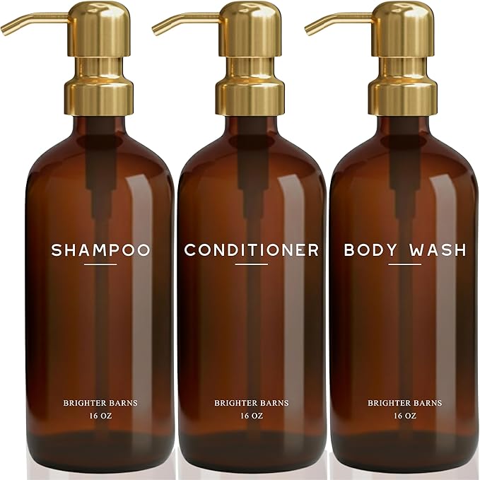 Luxury Shampoo and Conditioner Dispenser Set by Brighter Barns - Empty Shampoo Bottles Refillable with Gold Pump - Plastic Shower Soap Dispenser for Modern Bathroom Decor in Airbnb, Spa (Amber Gold)