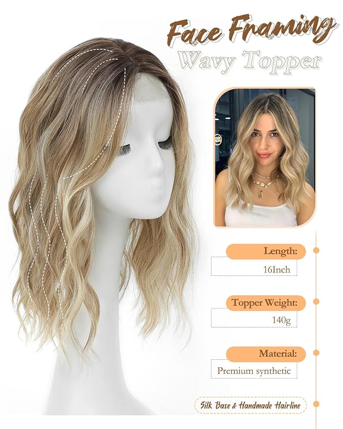 PANEWAY Hair Topper 16 Inch Synthetic Wavy Clip in Hair Piece for Women, Balayage Dark Brown Root to Blonde Ombre with Highlights, Natural Wiglet for Volume & Coverage