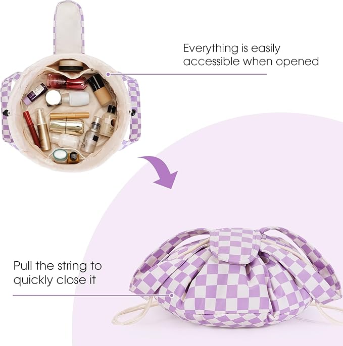 Narwey Barrel Drawstring Checkered Makeup Bag Large Cosmetic Bag Make up Bags Toiletry Bag Travel Bags for Toiletries Organizer for Women Gift for Teen Girls (Purple Checkerboard) (Patent)