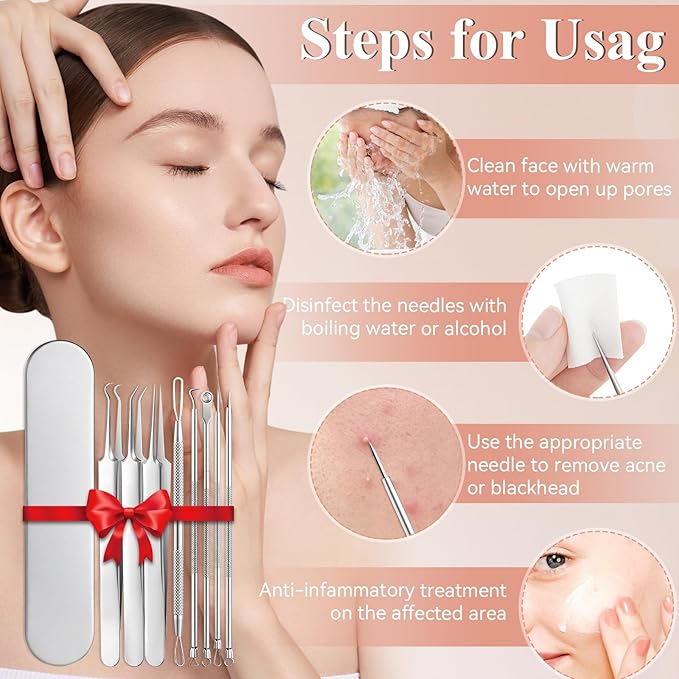 8 Pcs Blackhead Remover Tool Kit – Medical Grade Stainless Steel Acne Removal Set with Tweezers&Needles–Comedone Extractor for Whiteheads,Pimple Popping,Facial Blemish Removal–Nose & Face Care