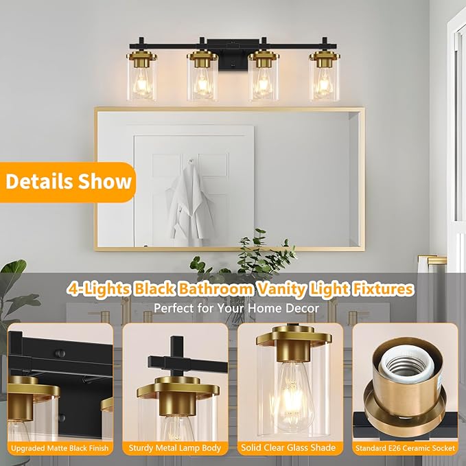 4-Lights Black and Gold Bathroom Vanity Light, Modern Bathroom Wall Sconces Lighting with Clear Glass Shade, Gold Vanity Lights for Bathroom Bedroom Living Room Porch