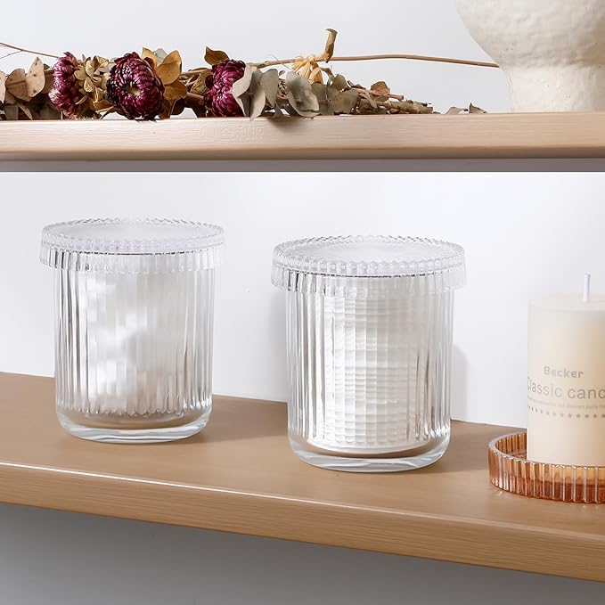 rejomiik Glass Qtip Holder Dispenser, Bathroom Canister Apothecary Jars with Lids, Vanity Makeup Accessories Storage Organizer for Cotton Swabs, Cotton Balls, Pads, Floss Picks, Clear